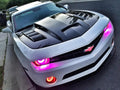 Front end of a Chevrolet Camaro with red LED headlight and fog light halos installed.