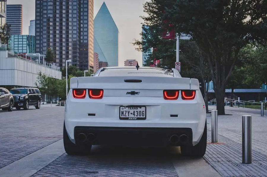Rear end of a Chevrolet Camaro with Afterburner 2.0 Tail Light Halos installed.