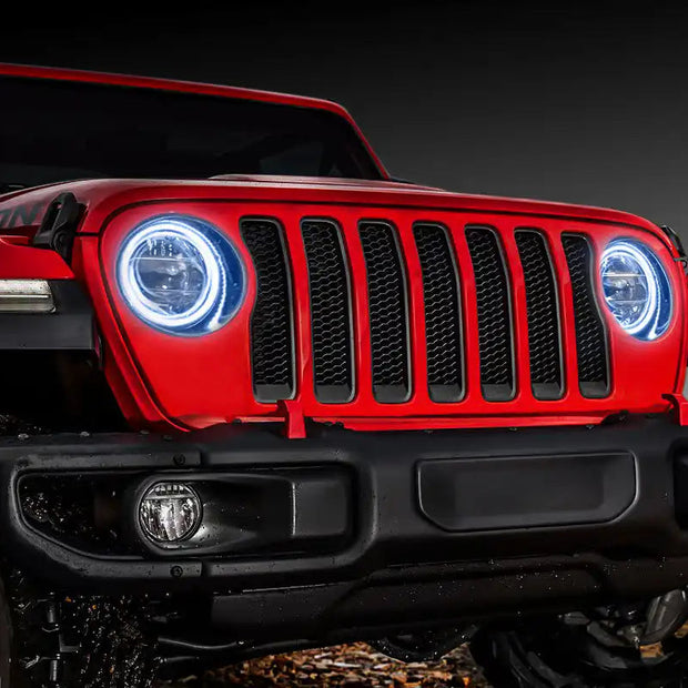 Front end of a red Jeep with white LED Surface Mount Headlight Halos.