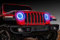 Red Jeep Wrangler JL with blue Surface Mount Halos installed.