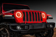 Front end of a red Jeep with amber LED Surface Mount Headlight Halos.