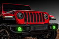 Red Jeep Gladiator with green fog light halos installed.