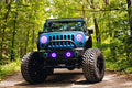 Front end of a Jeep Wrangler JK with purple LED headlight and fog light halos installed.