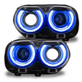 Dodge Challenger headlights with blue DRLs.