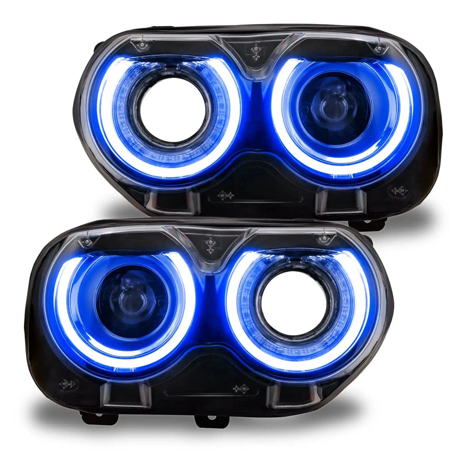 Dodge Challenger headlights with blue DRLs.
