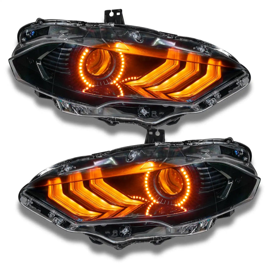 Ford Mustang headlights with amber halos and DRLs.