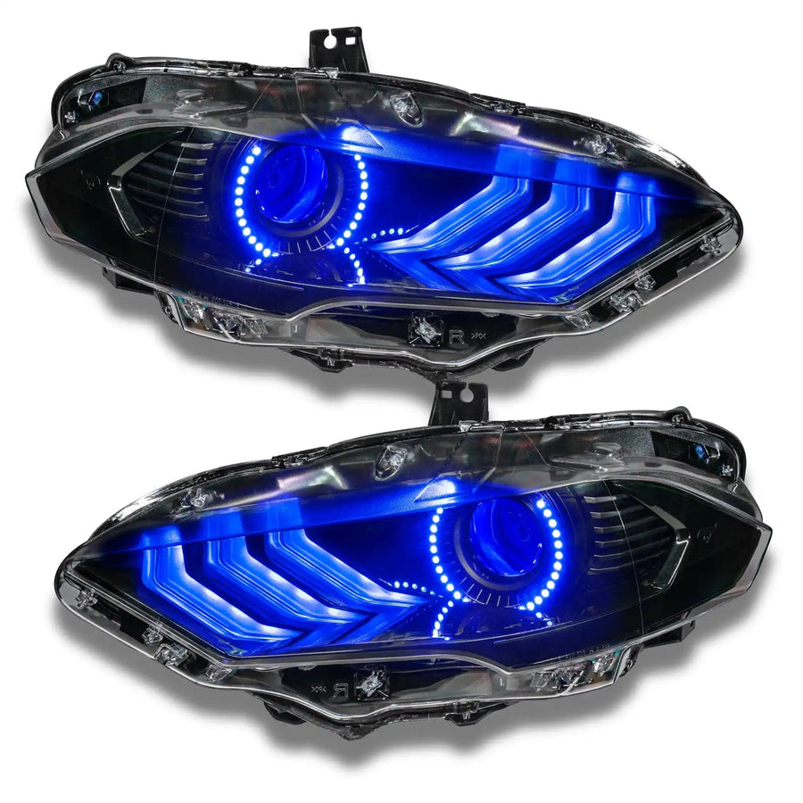 Ford Mustang headlights with blue halos and DRLs.
