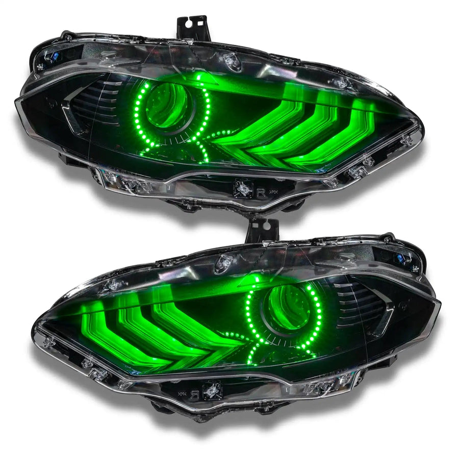 Ford Mustang headlights with green halos and DRLs.