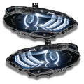 Ford Mustang headlights with white halos and DRLs.