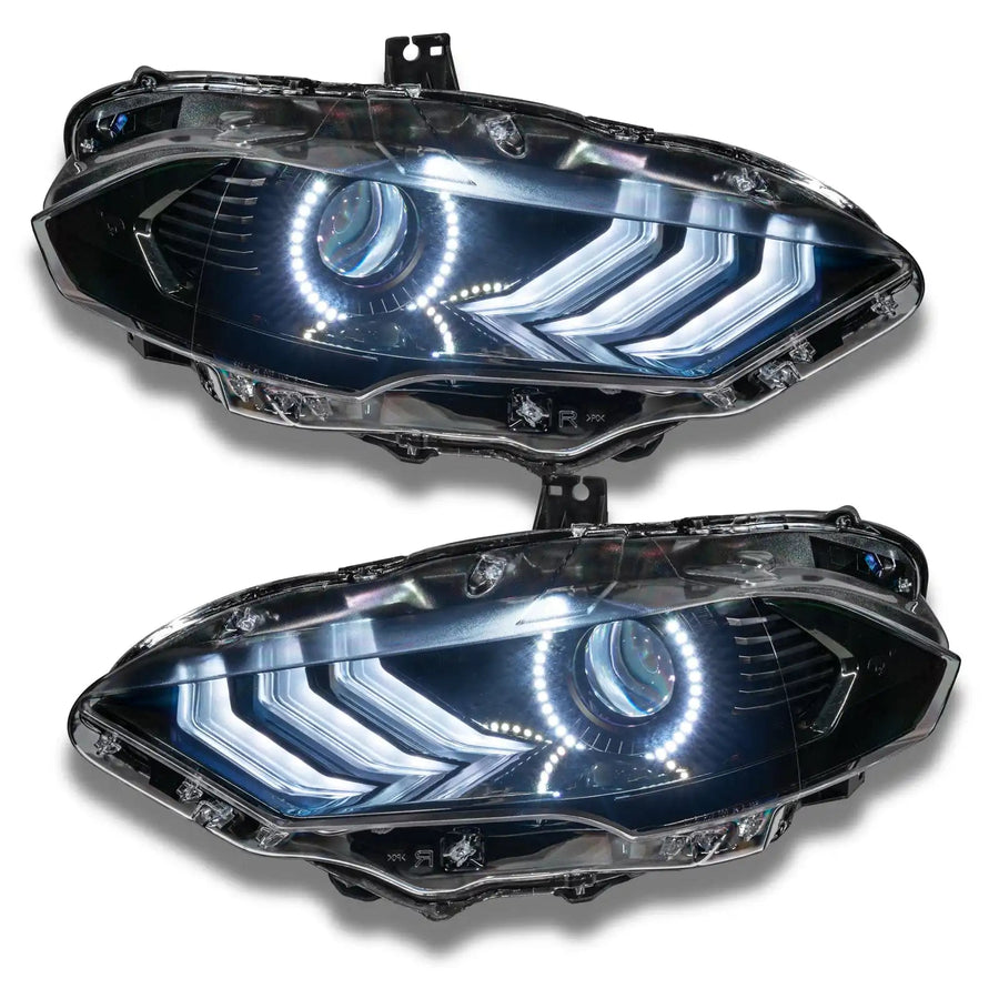 Ford Mustang headlights with white halos and DRLs.