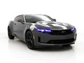 Three quarters view of a Chevrolet Camaro with purple headlight DRLs.