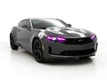 Three quarters view of a Chevrolet Camaro with pink headlight DRLs.