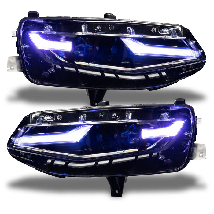 Chevrolet Camaro headlights with white DRLs.