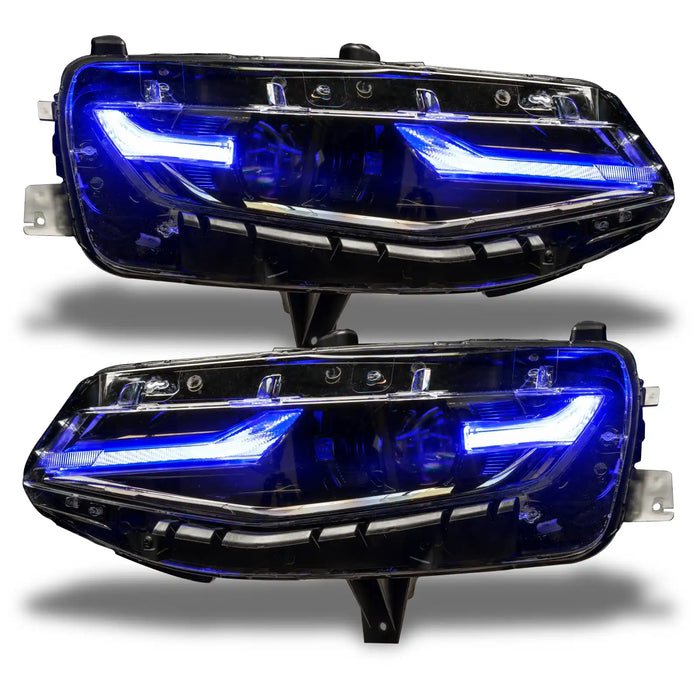 Chevrolet Camaro headlights with blue DRLs.