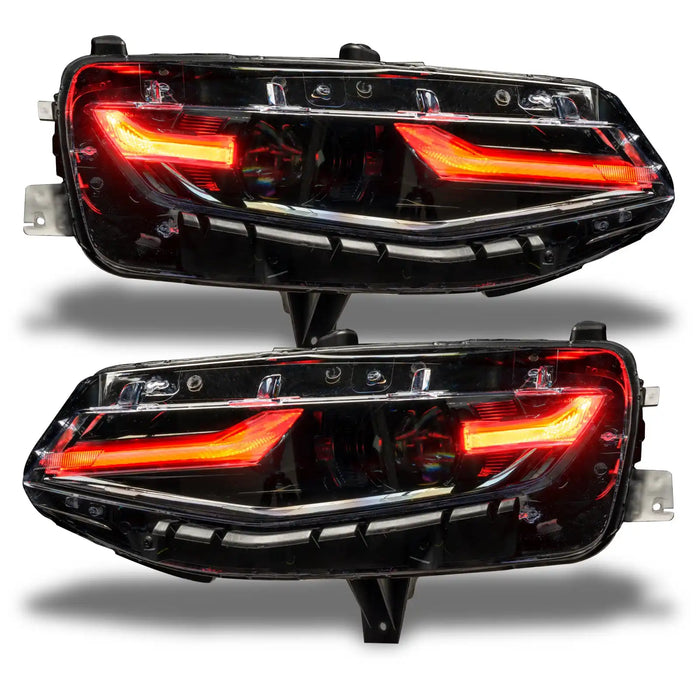 Chevrolet Camaro headlights with red DRLs.