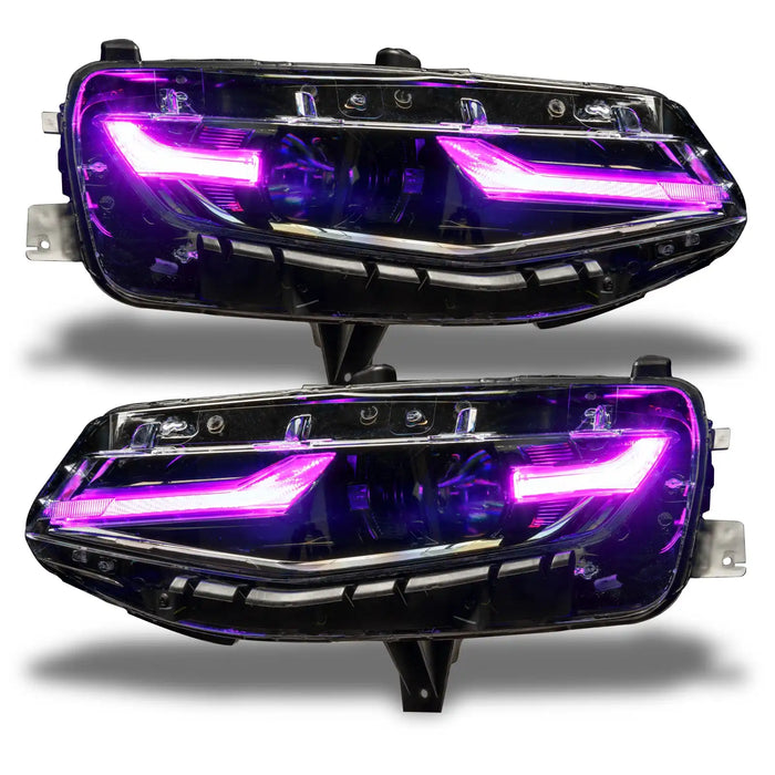 Chevrolet Camaro headlights with pink DRLs.
