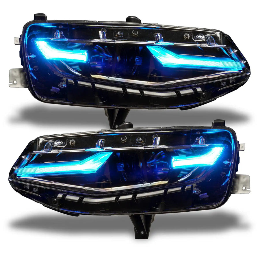 Chevrolet Camaro headlights with cyan DRLs.
