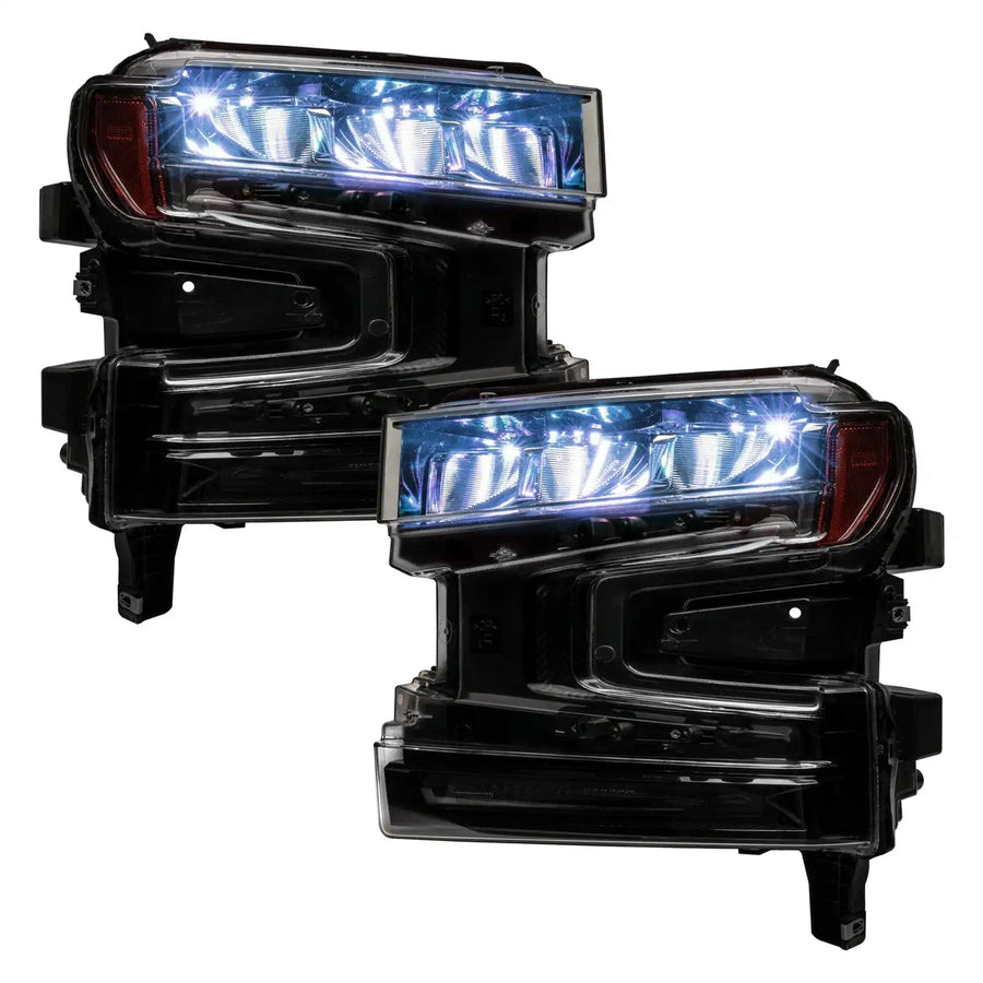 Chevrolet Silverado 1500 headlights with white demon eye projectors.