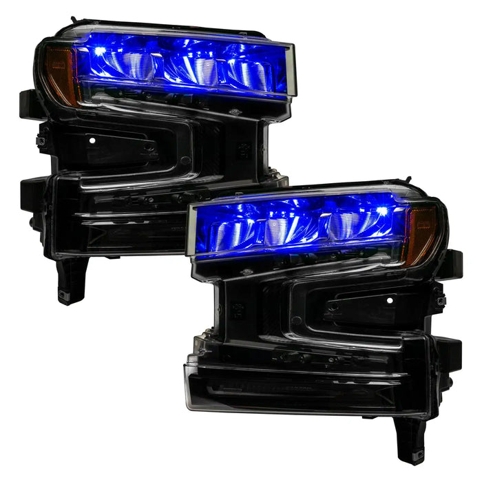 Chevrolet Silverado 1500 headlights with blue demon eye projectors.
