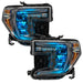 GMC Sierra 1500 headlights with cyan demon eye projectors.