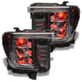 GMC Sierra headlights with red demon eye projectors.