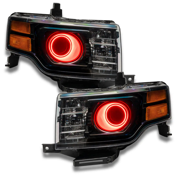 Ford Flex headlights with red LED halo rings.