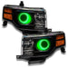 Ford Flex headlights with green LED halo rings.