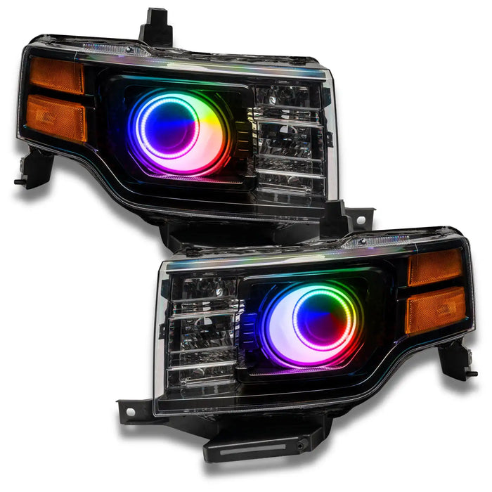 Ford Flex headlights with rainbow LED halo rings.