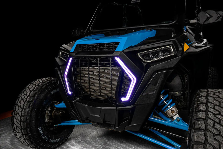 Angled view of Polaris RZR with purple DRLs