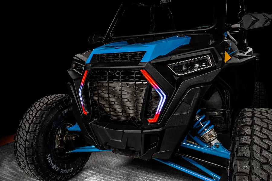 Angled view of Polaris RZR with multicolored DRLs
