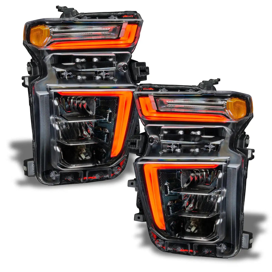 Chevrolet Silverado headlights with red DRLs.
