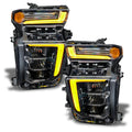 Chevrolet Silverado headlights with yellow DRLs.