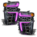 Chevrolet Silverado headlights with pink DRLs.