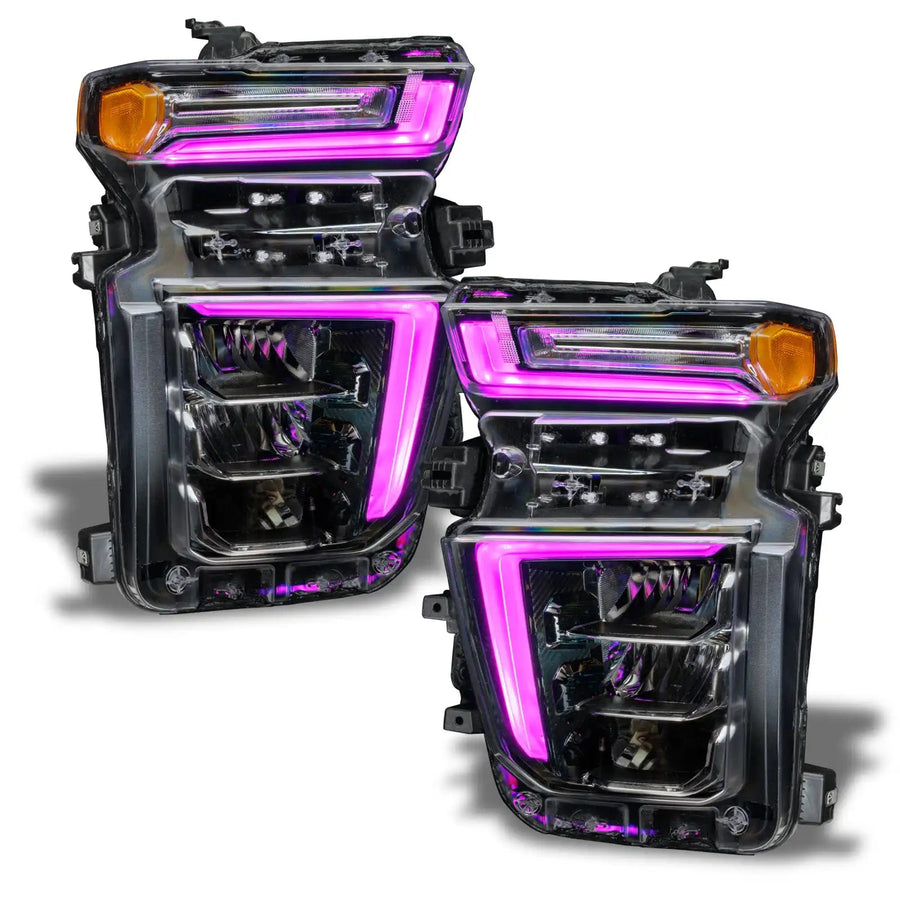 Chevrolet Silverado headlights with pink DRLs.