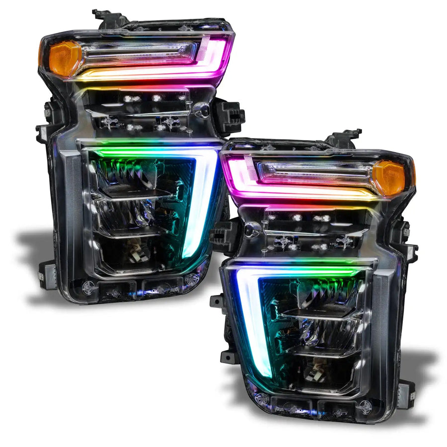 Chevrolet Silverado headlights with rainbow DRLs.