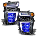 Chevrolet Silverado headlights with blue demon eye projector.