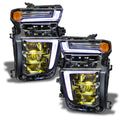 Chevrolet Silverado headlights with yellow demon eye projector.