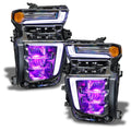 Chevrolet Silverado headlights with purple demon eye projector.
