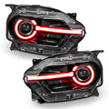 Ford Bronco Sport headlights with red halos and DRLs.