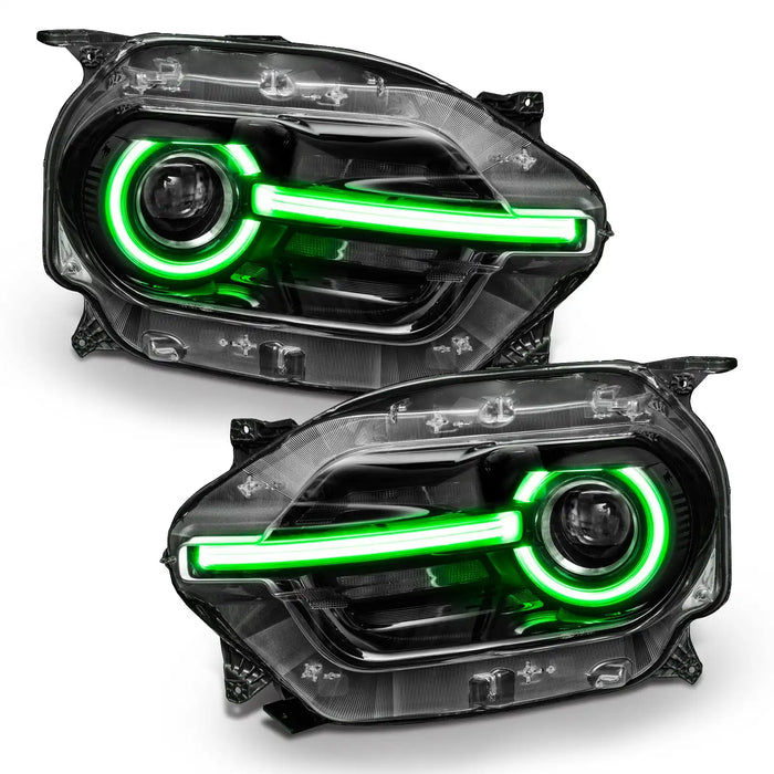 Ford Bronco Sport headlights with green halos and DRLs.