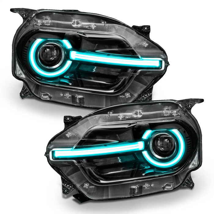 Ford Bronco Sport headlights with cyan halos and DRLs.