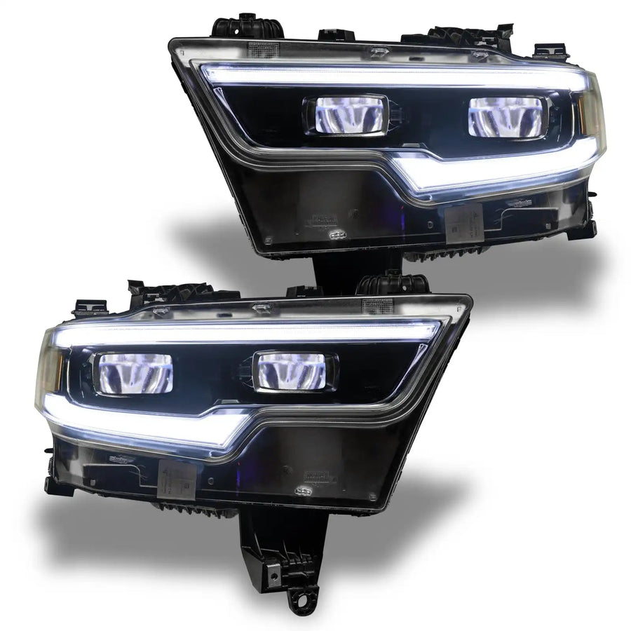 Ram 1500 headlights with white demon eye projectors.