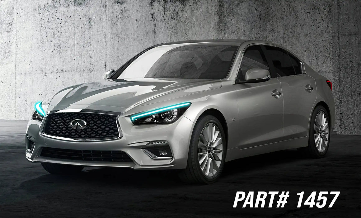 Silver Infiniti Q50 with cyan headlight DRLs.