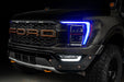 Front end of a Ford F-150 with blue headlight DRLs