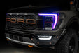 Front end of a Ford F-150 with purple headlight DRLs