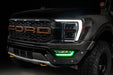 Front end of a Ford F-150 with green fog light DRLs
