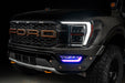 Front end of a Ford F-150 with purple fog light DRLs