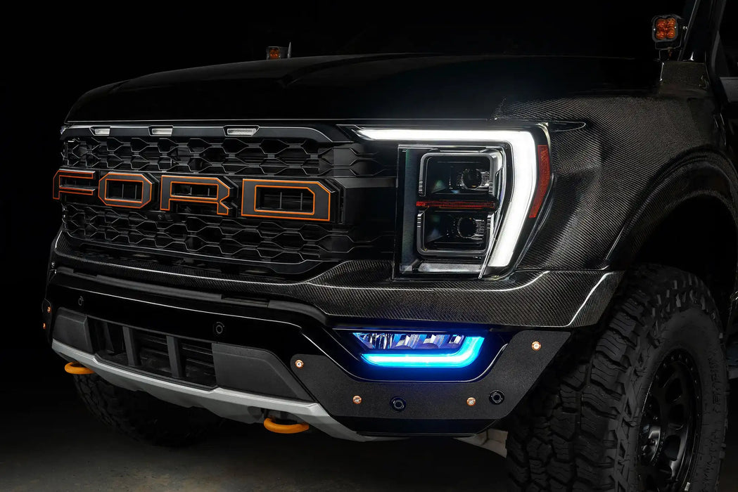 Front end of a Ford F-150 with cyan fog light DRLs