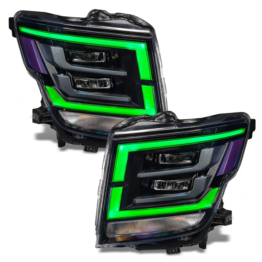 2021-2024 Nissan Titan headlights with green DRLs.