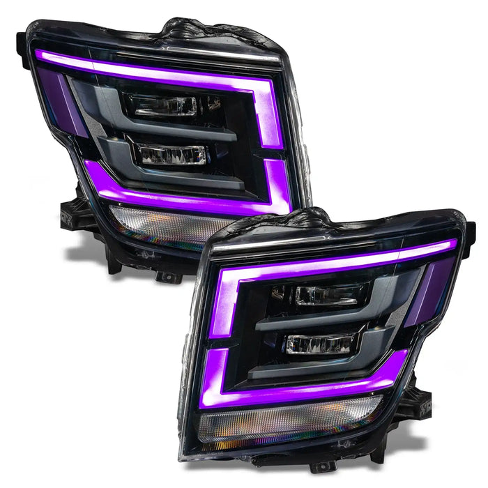 2021-2024 Nissan Titan headlights with purple DRLs.